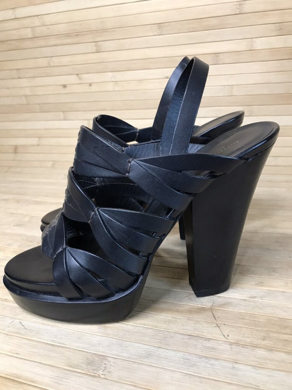 Bottega Veneta Black Woven Leather Strappy High Heels Open Toe Women's 38.5 EUC